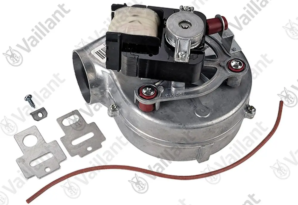 Vaillant-Gebläse mit Metallgehäuse, elektrischen Anschlüssen und Montageschrauben, ausgestattet mit Dichtungen und Montagesatz.